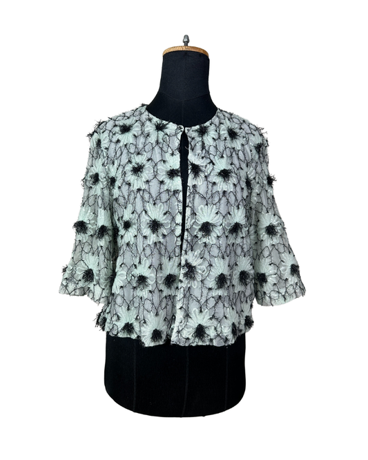 Mint Pastel Flower Appliqué  Embroidered Open Front Top
