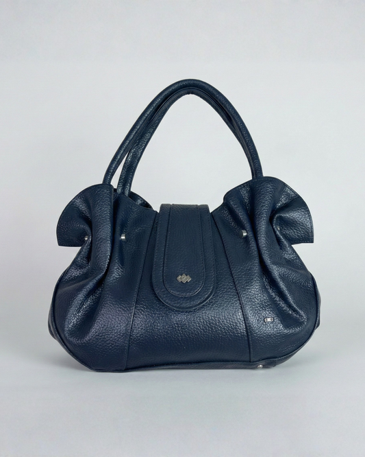Vintage Navy Genuine Leather Slouchy Ruched Shoulder Bag