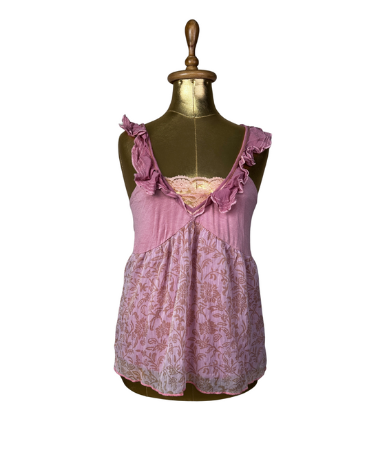 Pink Ruffle Lace Floral Cami Top Y2K Style