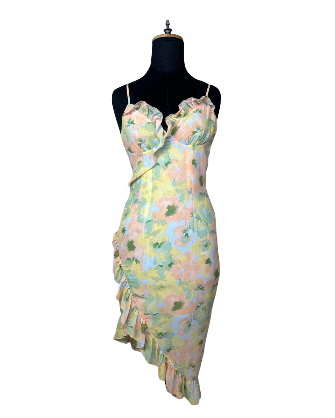 Floral Ruffle Asymmetrical Midi Dress – Pastel Slip Style