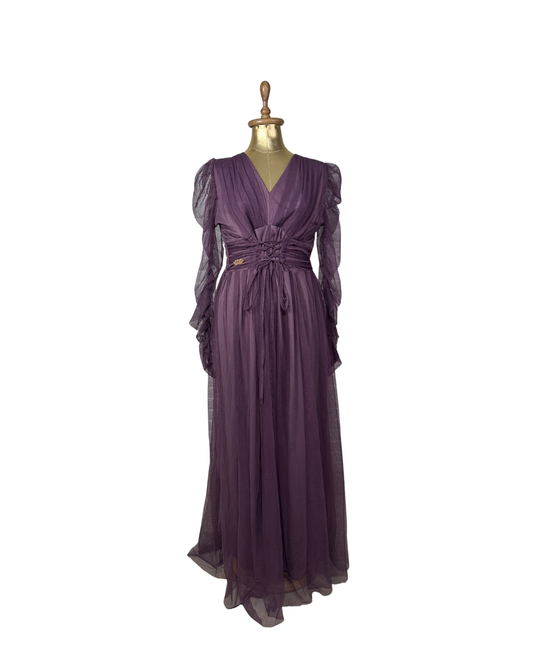 Vintage Purple Sheer Evening Gown -  Ruffled Sleeves & Corset Waist