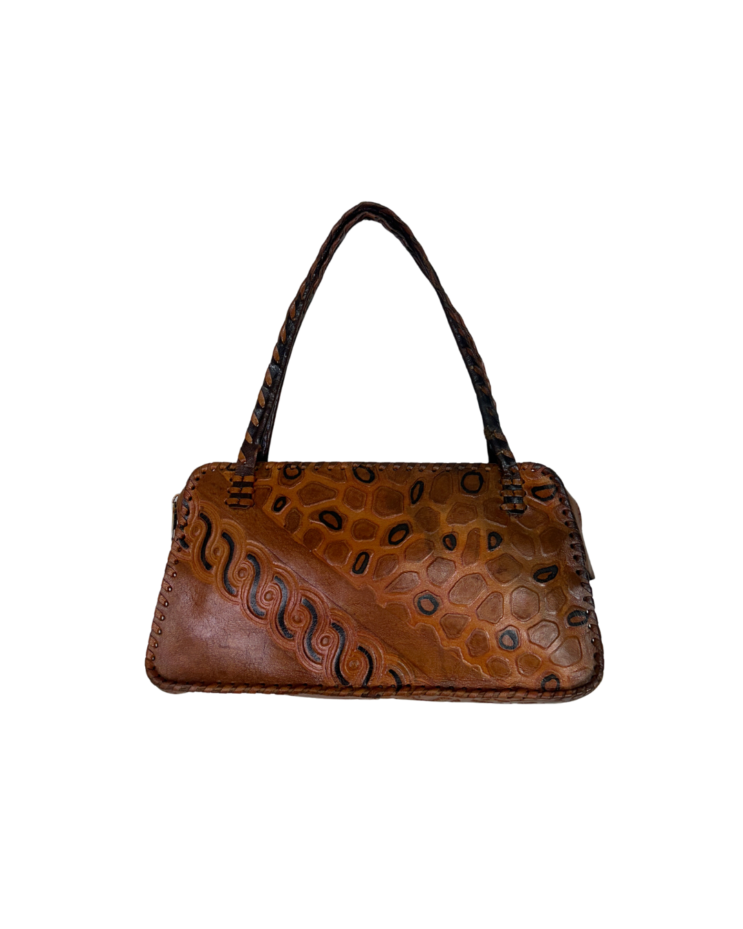 Vintage 70s Whipstitch Embossed Brown Genuine Leather Handbag