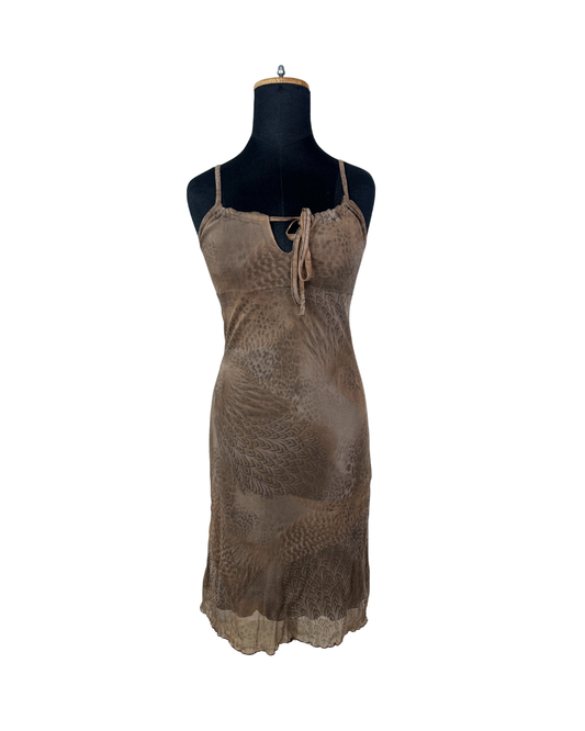 Y2K Feather Print Mesh Dress with Lettuce Hem - Small