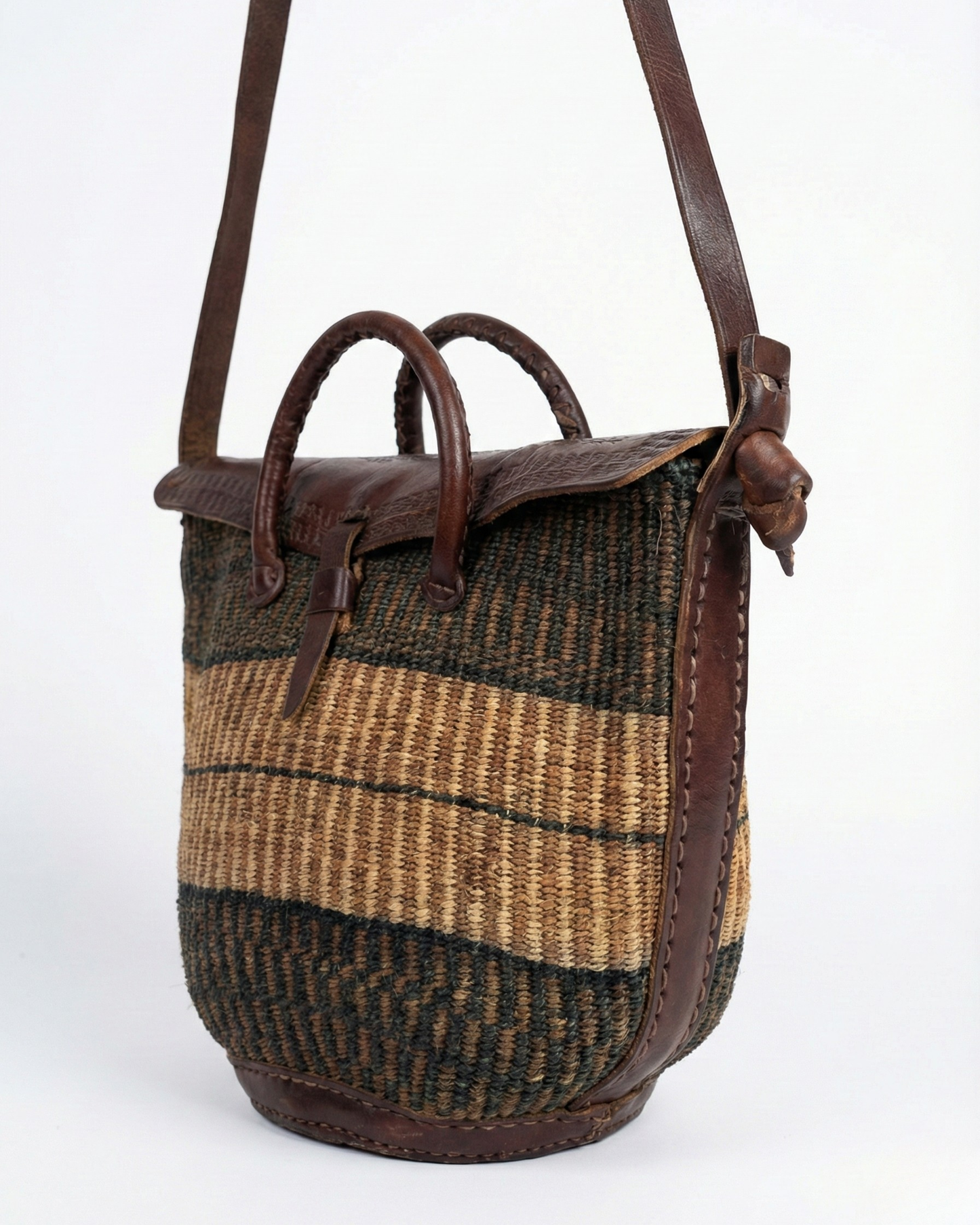 Vintage Handwoven Sisal & Leather Basket Bag