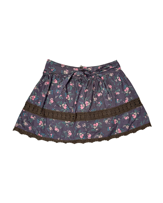 Vintage Floral Skirt with Crochet Lace Detail & Waist Tie