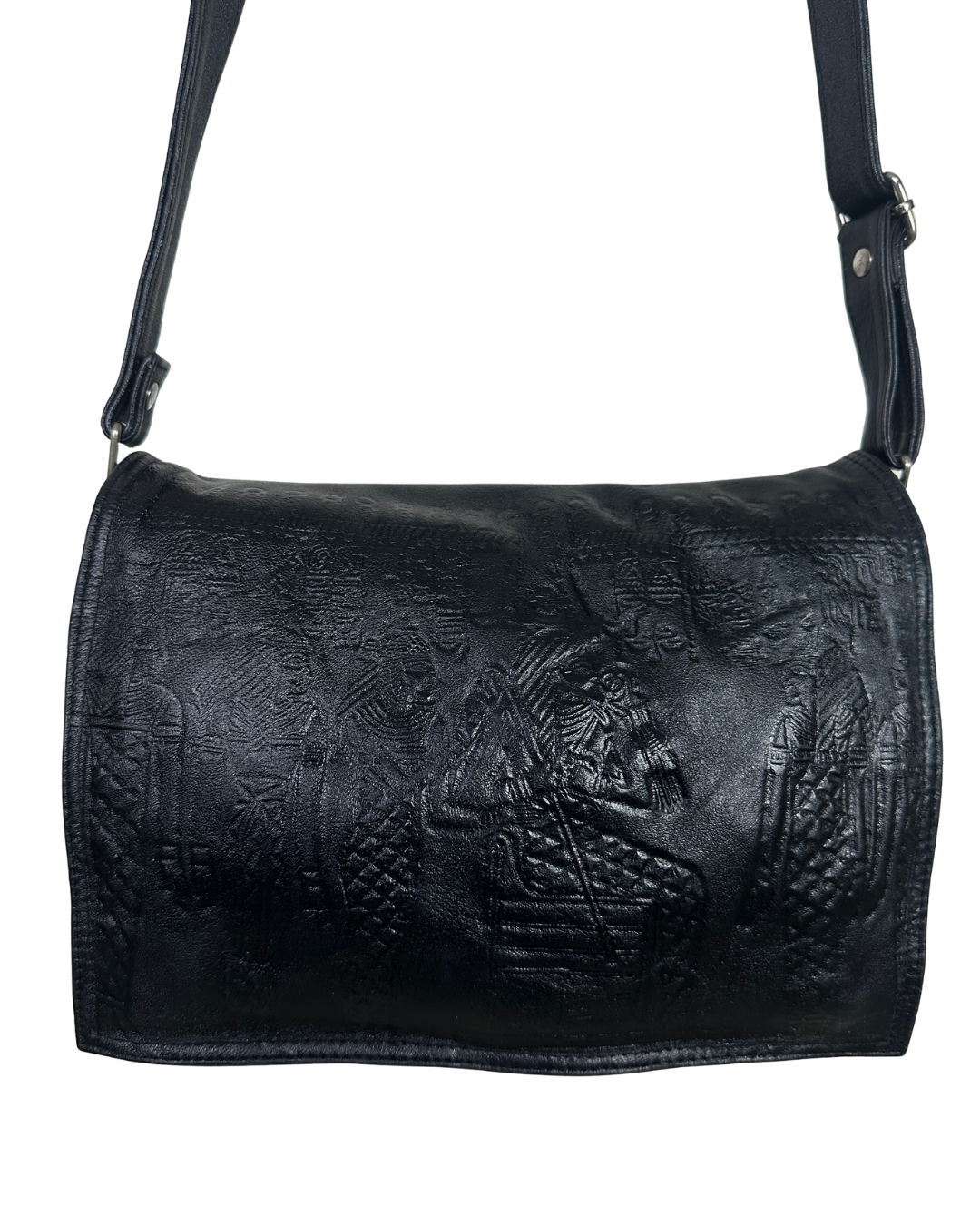 Genuine Leather Embossed Egyptian Motif Black Crossbody Bag