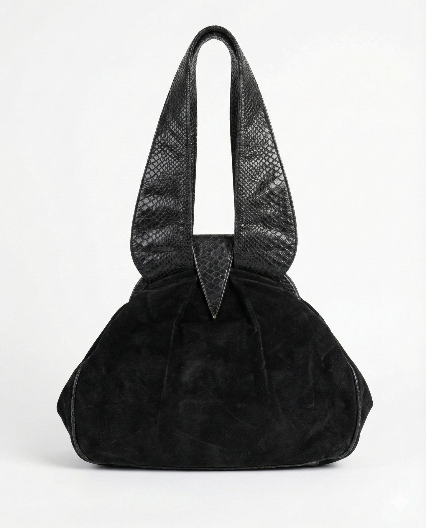 Black textured handbag with a unique design on a white background