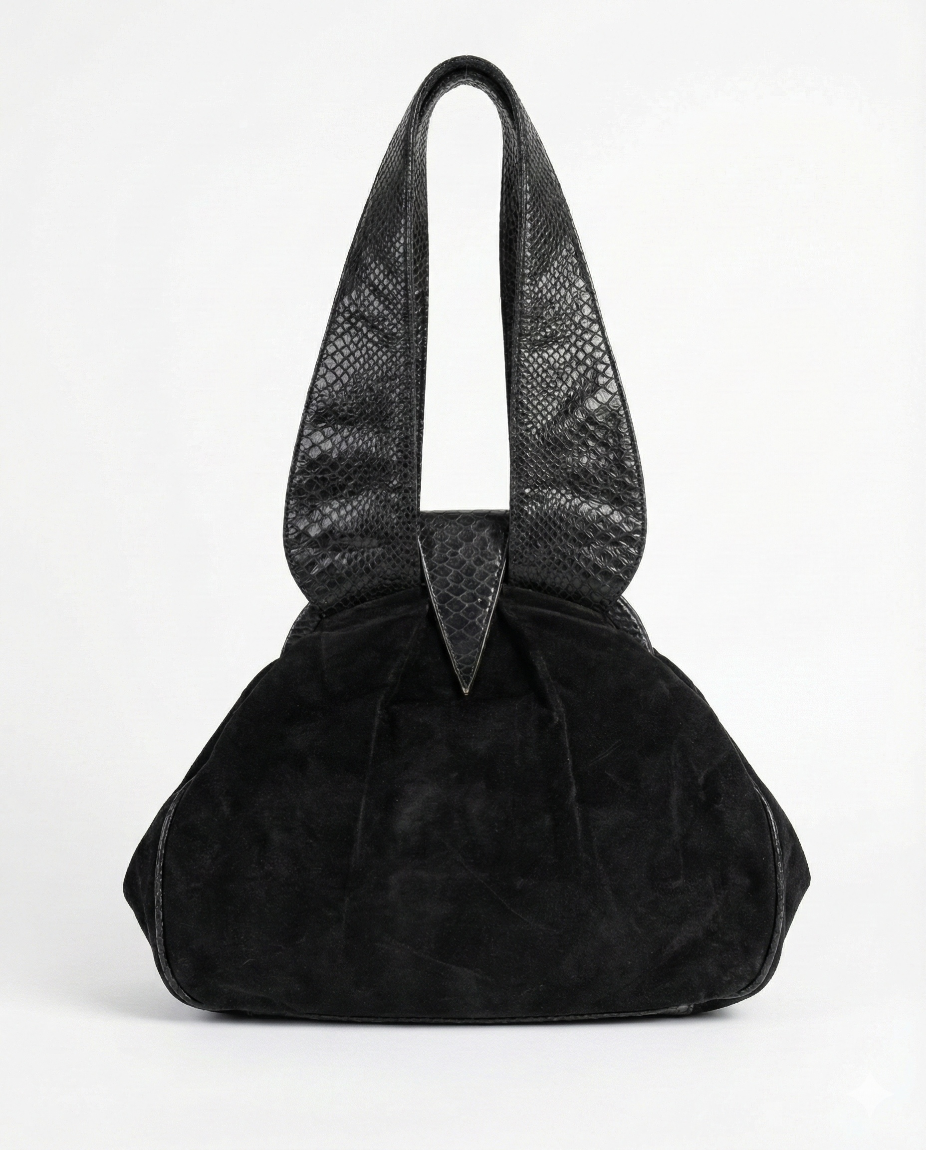 Black textured handbag with a unique design on a white background