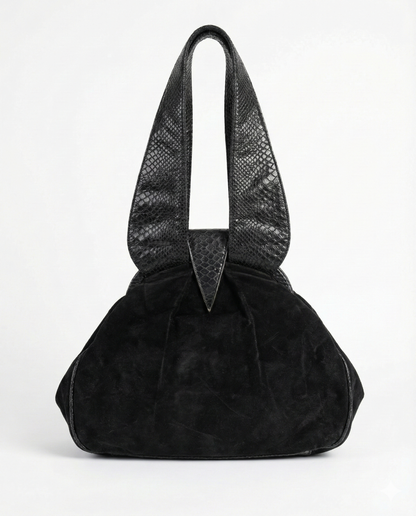 Black textured handbag with a unique design on a white background