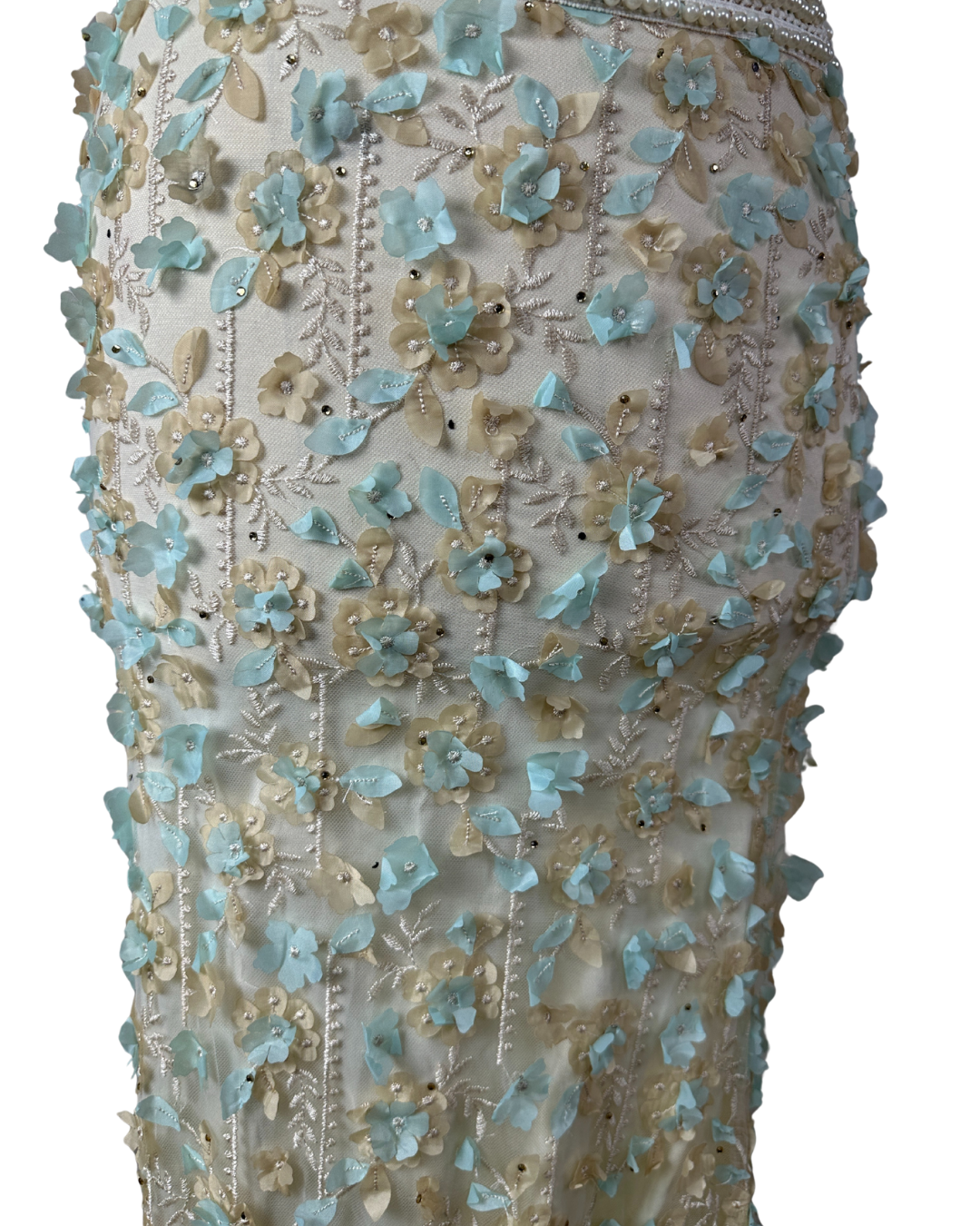 Ivory & Mint Fairycore 3D Floral Appliqués Pearl Beaded Gown