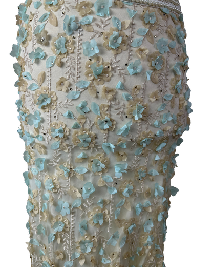 Ivory & Mint Fairycore 3D Floral Appliqués Pearl Beaded Gown