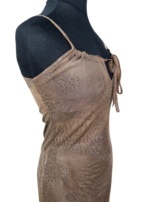 Y2K Feather Print Mesh Dress with Lettuce Hem - Small