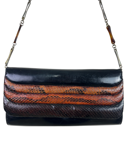 Vintage 90s Genuine Leather & Snakeskin Chain Shoulder Bag