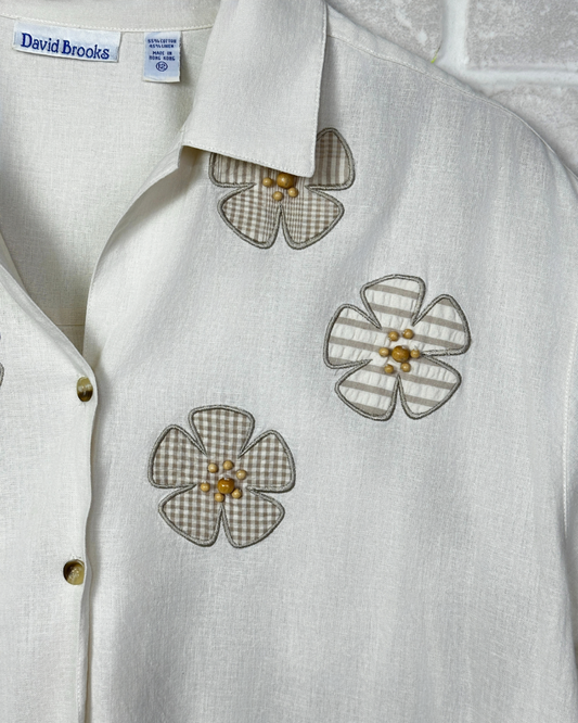 David Brooks Cotton-Linen Blend Embroidered Shirt - Large