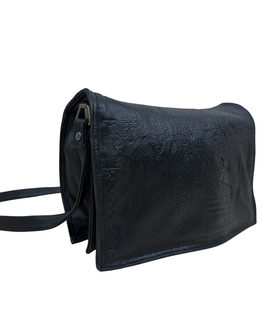 Genuine Leather Embossed Egyptian Motif Black Crossbody Bag