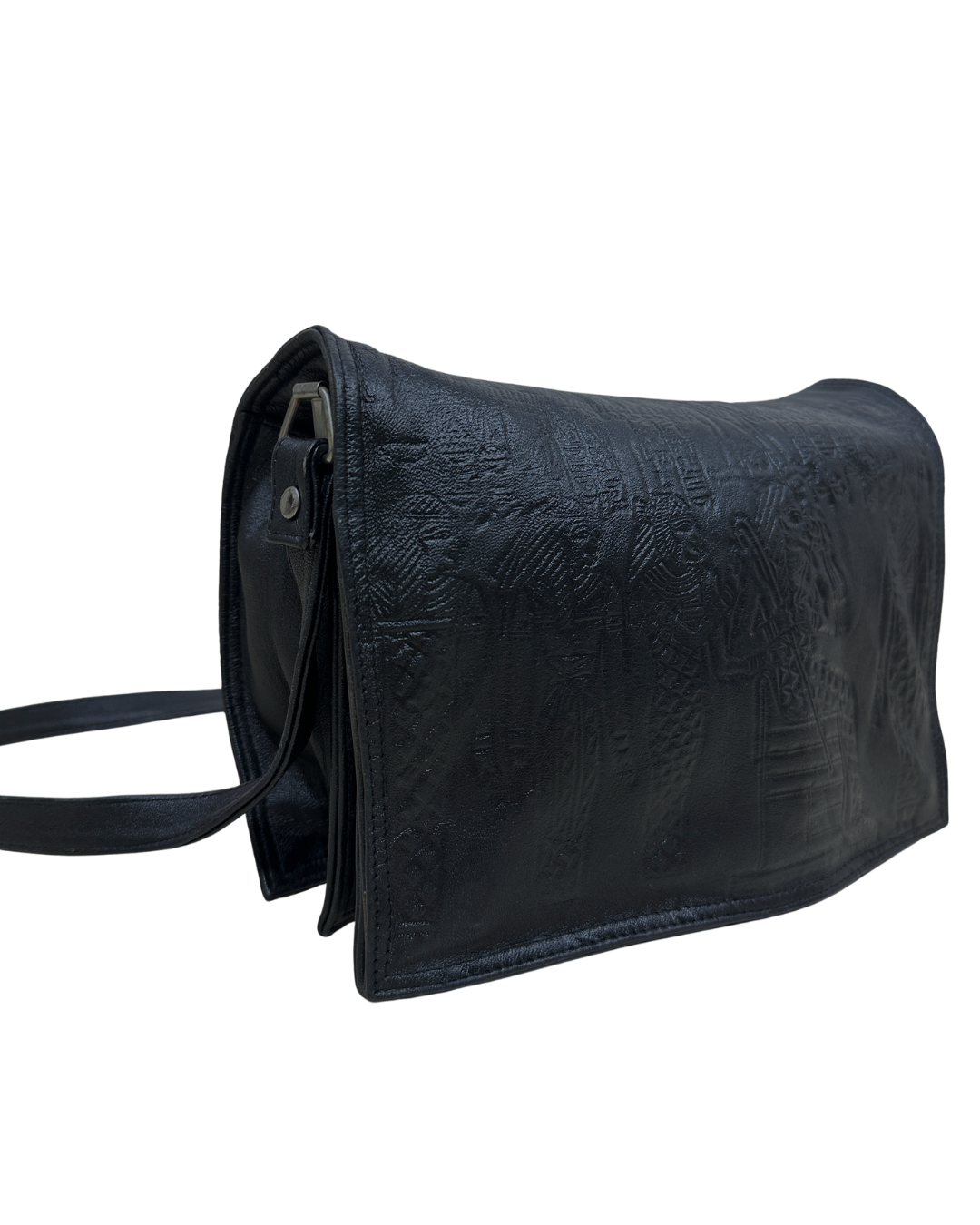 Genuine Leather Embossed Egyptian Motif Black Crossbody Bag