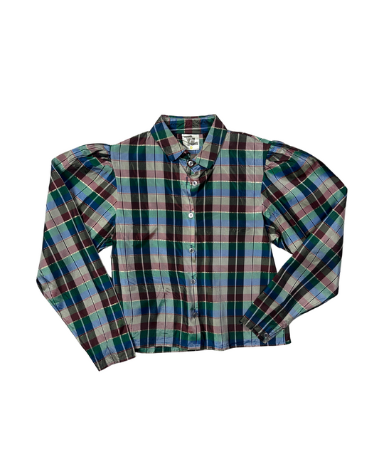 Vintage Verna Spence Plaid Puff Sleeve Cropped Fit Shirt