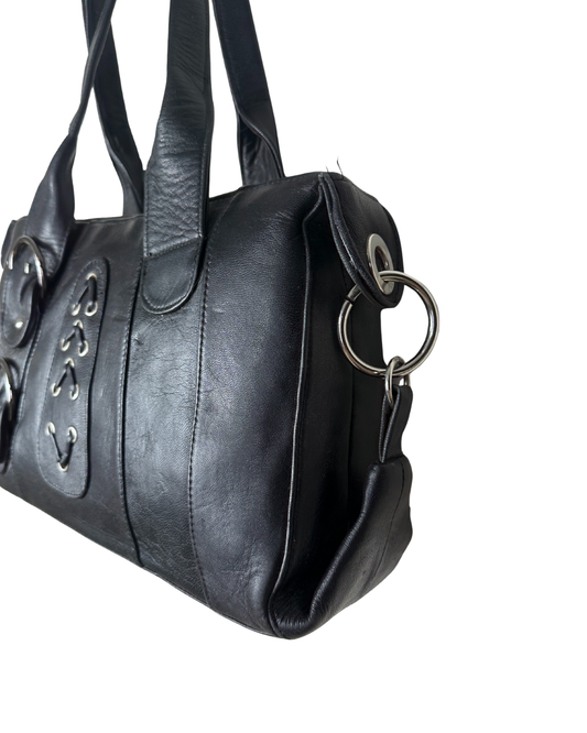 Vintage Y2K Black Genuine Leather Shoulder Bag with Buckle and Lace-Up Detail