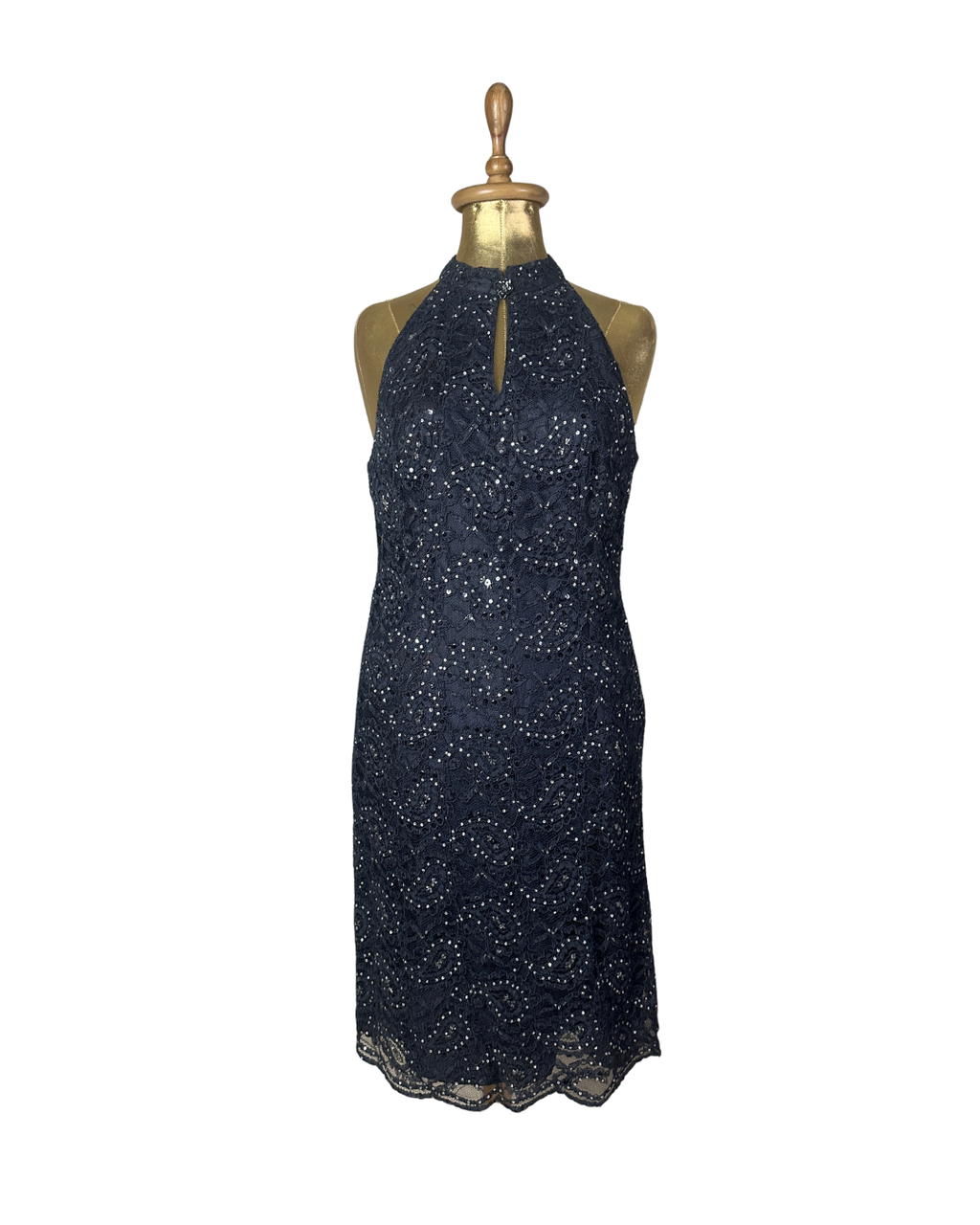 Precis Petite Navy Lace & Sequin High-Neck Keyhole Cocktail Dress - Large