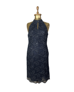 Precis Petite Navy Lace & Sequin High-Neck Keyhole Cocktail Dress - Large