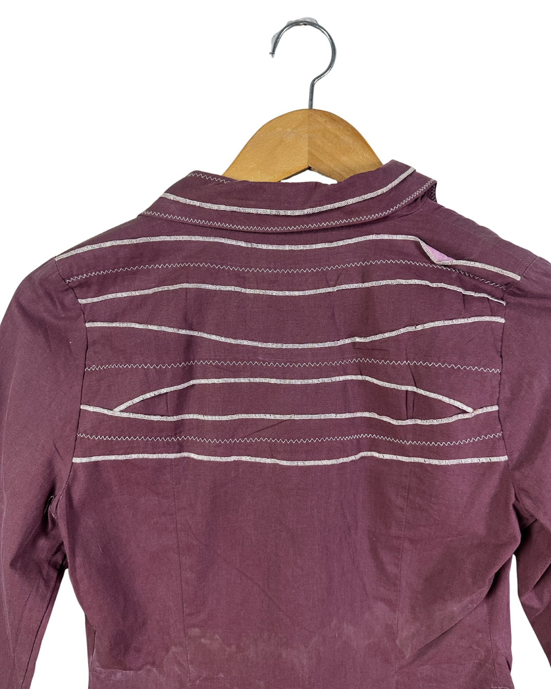 Y2K Burgundy Stitch Detail Fitted Shirt with Wooden Buttons  Small