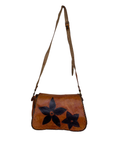Handmade Brown Whipstitch Genuine Leather Shoulder Bag with Flower Detail