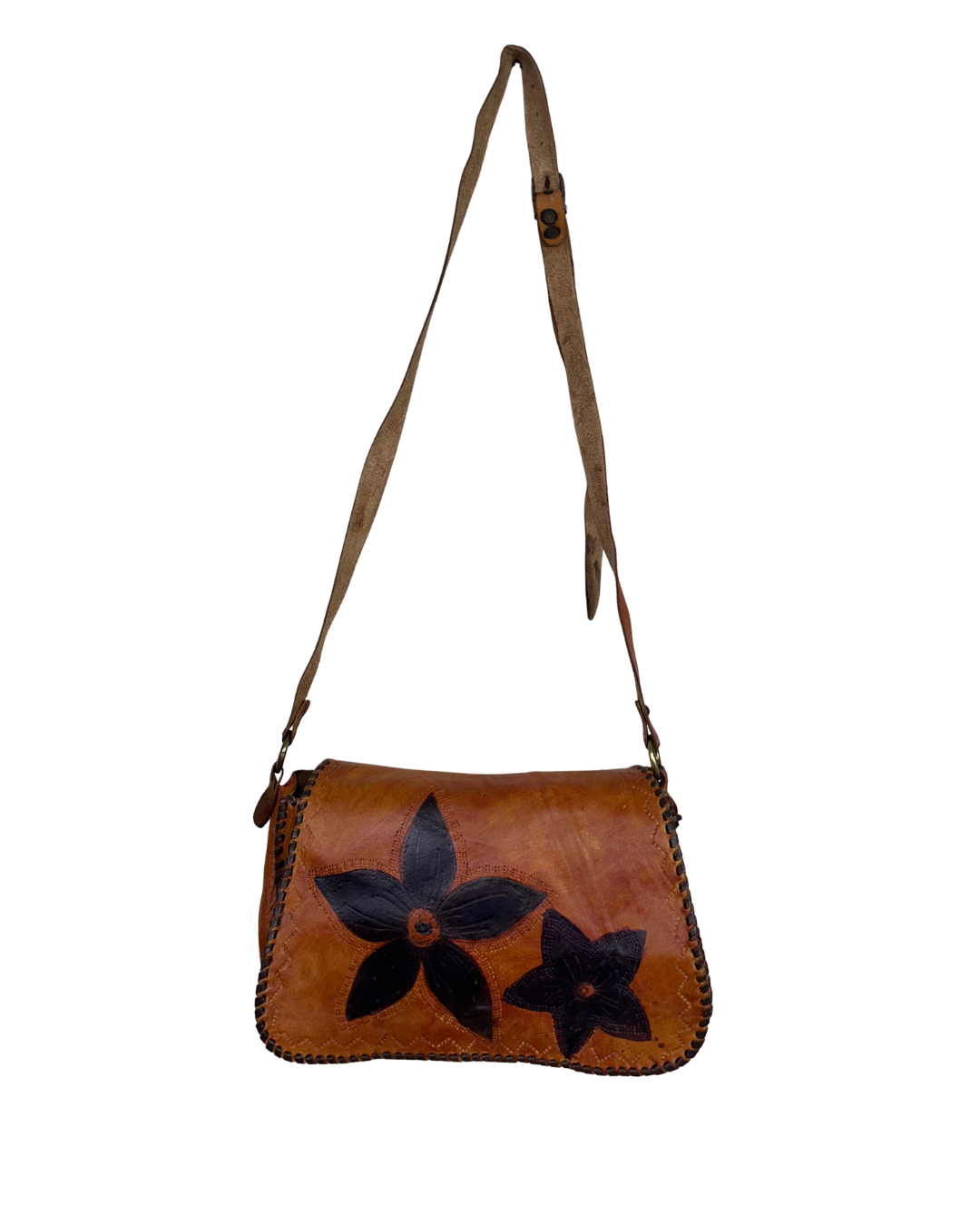 Handmade Brown Whipstitch Genuine Leather Shoulder Bag with Flower Detail