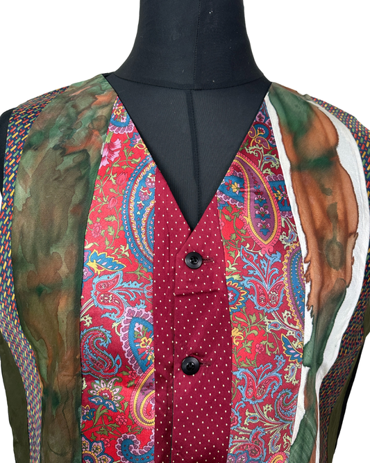 Colorful patterned vest on a mannequin against a white background