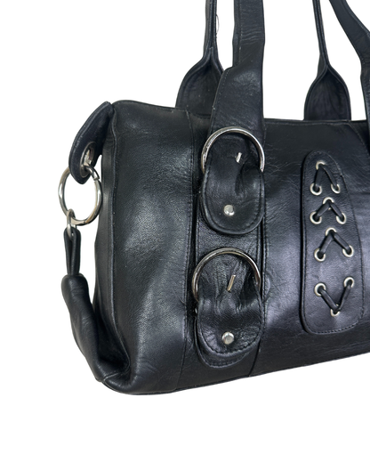 Vintage Y2K Black Genuine Leather Shoulder Bag with Buckle and Lace-Up Detail