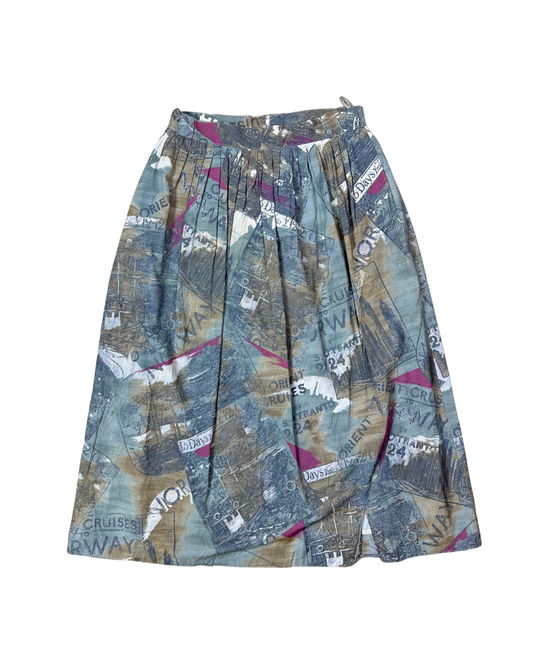 Vintage Norway Cruise Print Pleated Midi Skirt with Belt Loops