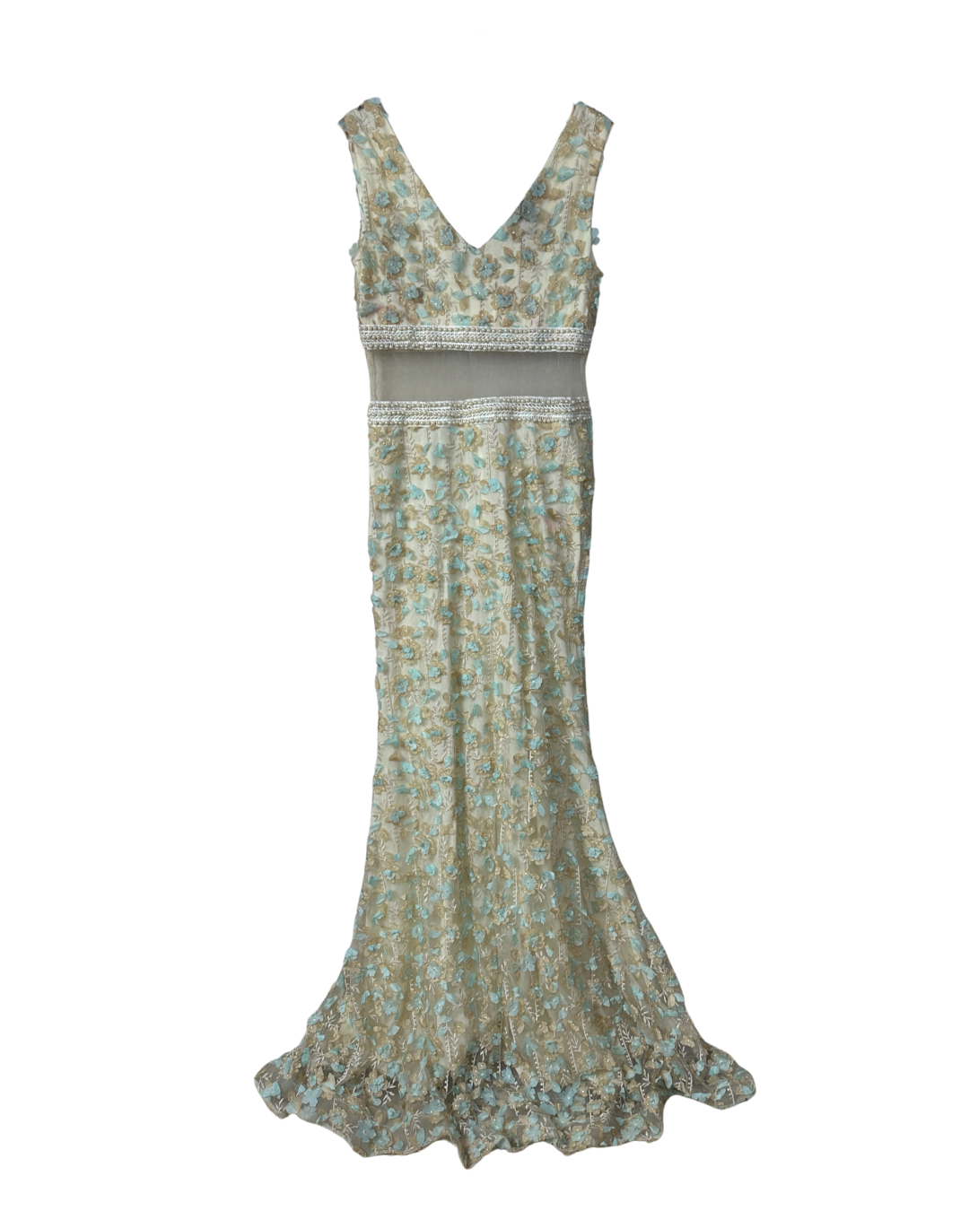 Ivory & Mint Fairycore 3D Floral Appliqués Pearl Beaded Gown