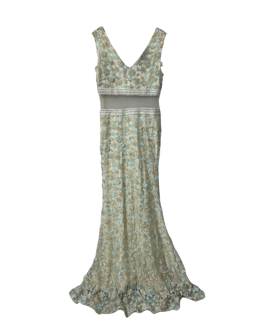 Ivory & Mint Fairycore 3D Floral Appliqués Pearl Beaded Gown