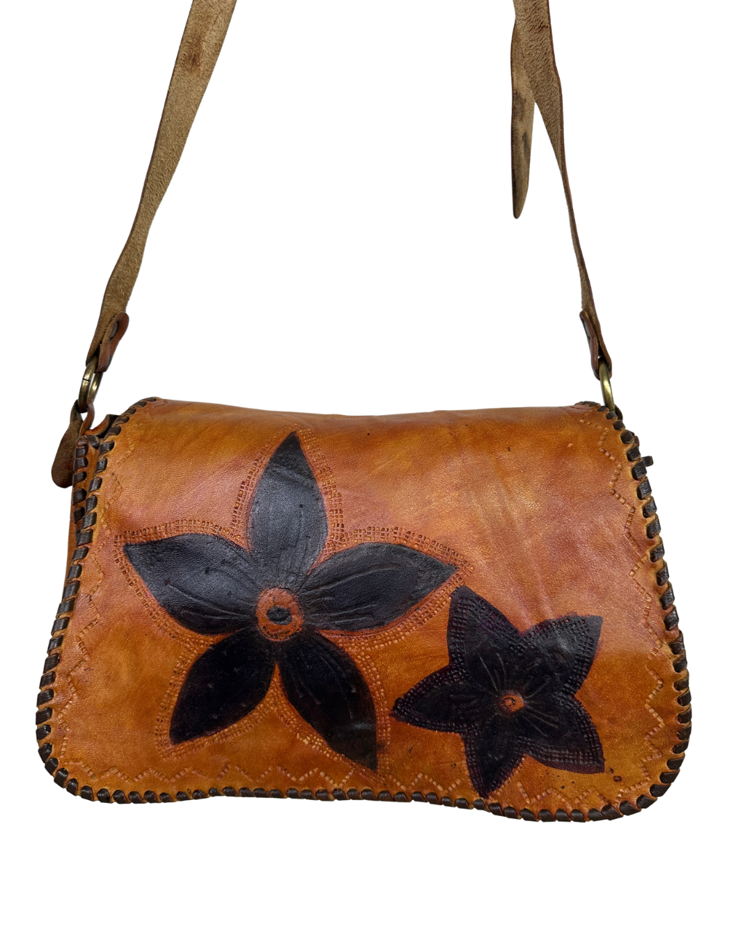 Handmade Brown Whipstitch Genuine Leather Shoulder Bag with Flower Detail