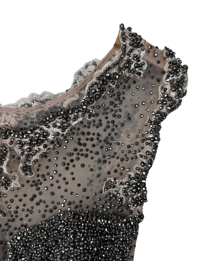 Pink Evening Gown with Sheer Beaded Bodice & Back