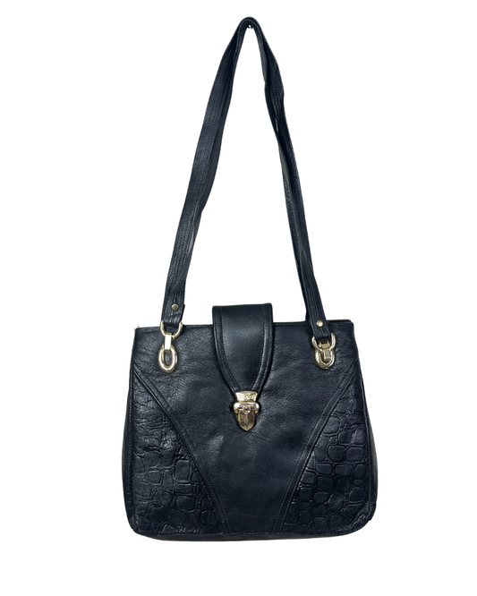 90s Genuine Leather Shoulder Bag with Gold Lock Detail