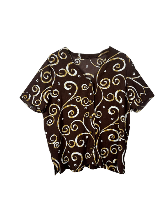 Vintage Swirl Print Short Sleeve Button-Up Blouse