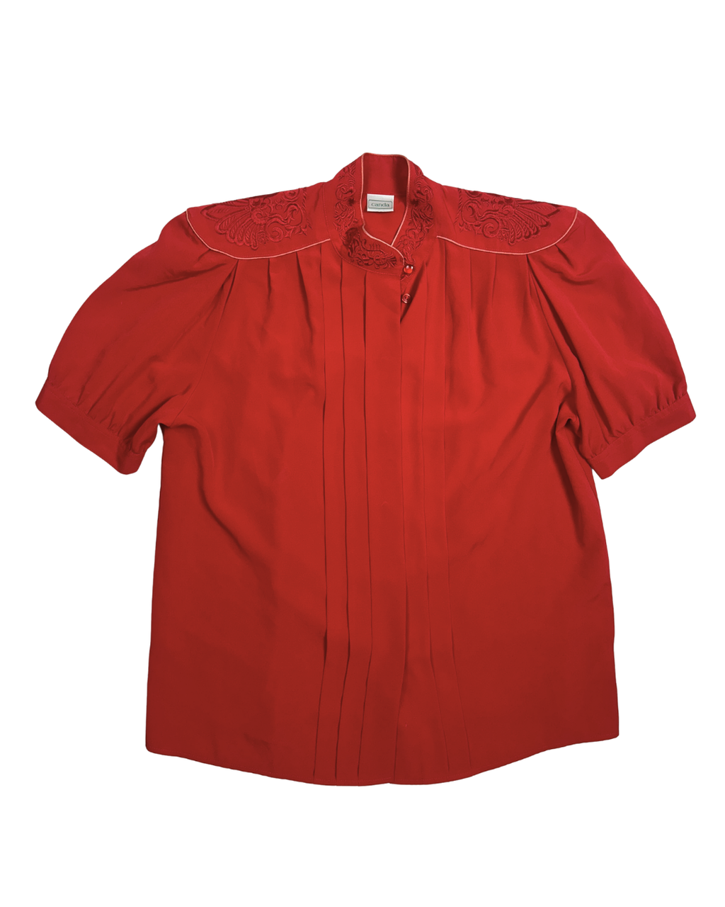 Vintage Canda Red Embroidered Pleated Blouse