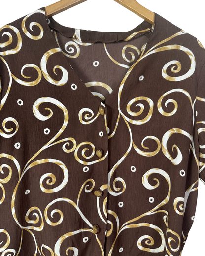 Vintage Swirl Print Short Sleeve Button-Up Blouse