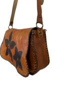 Handmade Brown Whipstitch Genuine Leather Shoulder Bag with Flower Detail