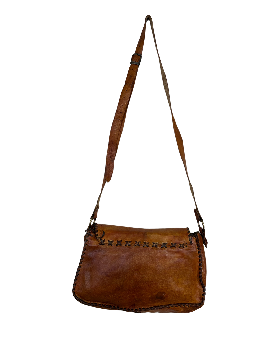 Handmade Brown Whipstitch Genuine Leather Shoulder Bag with Flower Detail