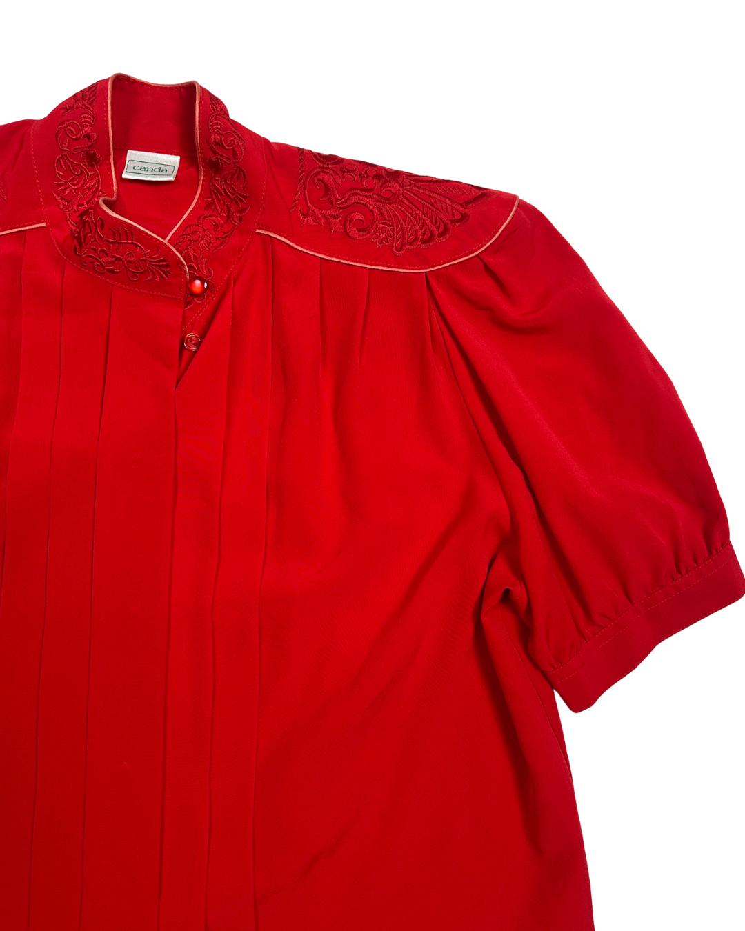 Vintage Canda Red Embroidered Pleated Blouse
