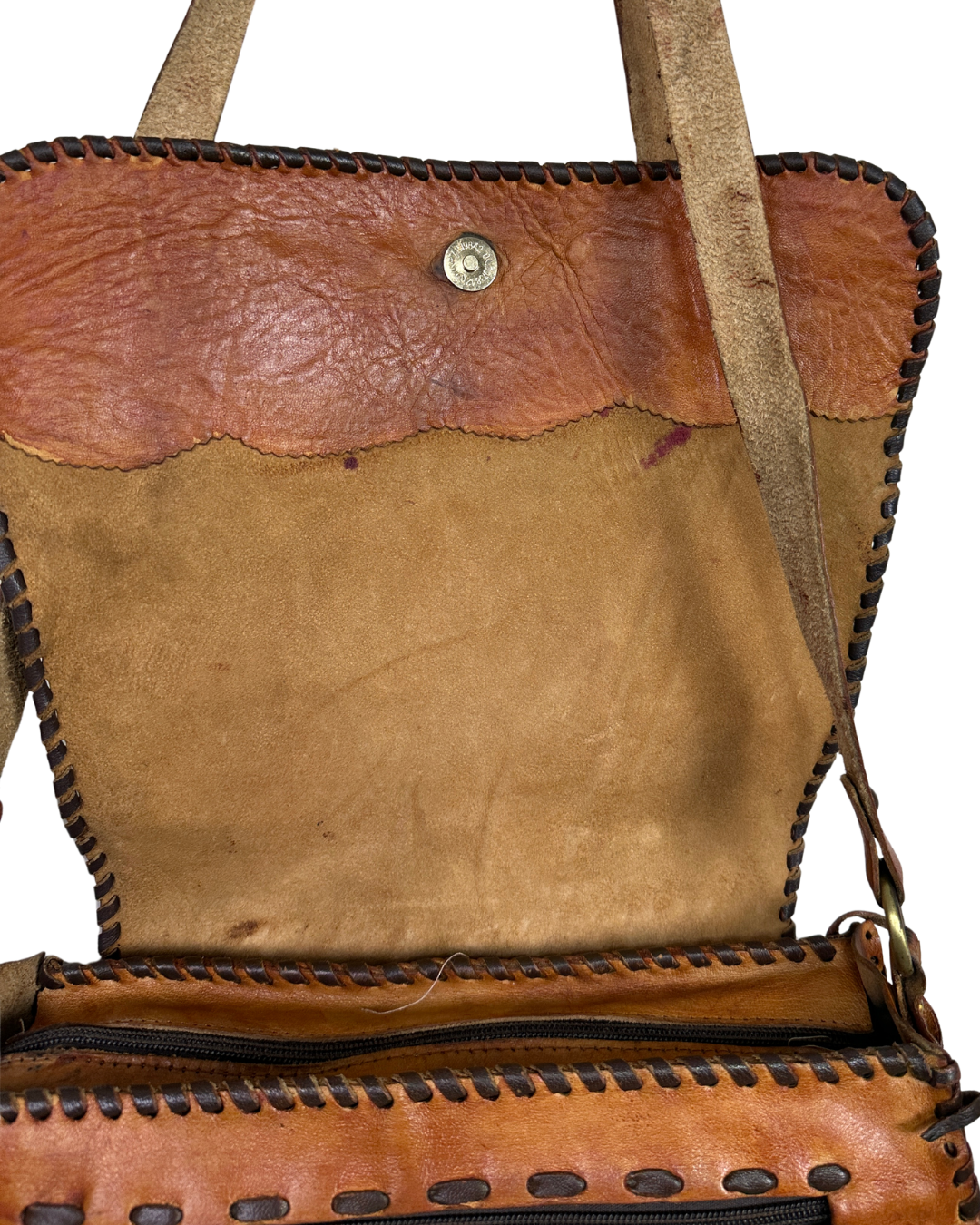Handmade Brown Whipstitch Genuine Leather Shoulder Bag with Flower Detail