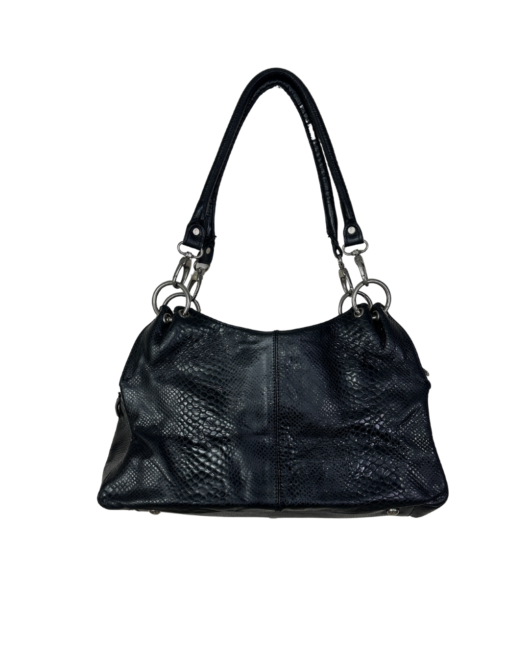 Vintage Black Leather Snake-Embossed Shoulder Bag