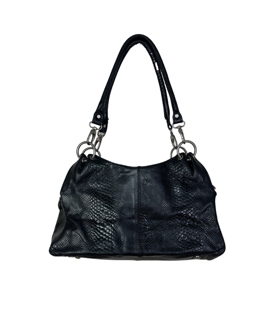 Vintage Black Leather Snake-Embossed Shoulder Bag