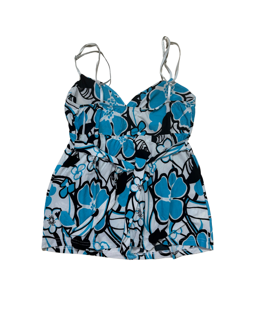Y2K Blue Tropical Floral Padded Cami Top w/ Back Tie - Small