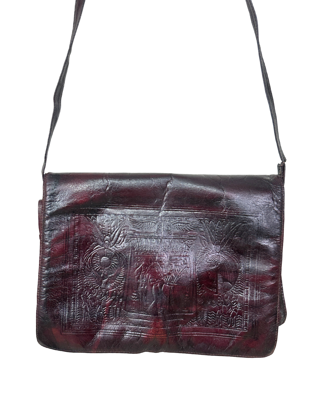 Vintage Egyptian Embossed Genuine Leather Burgundy Messenger Bag