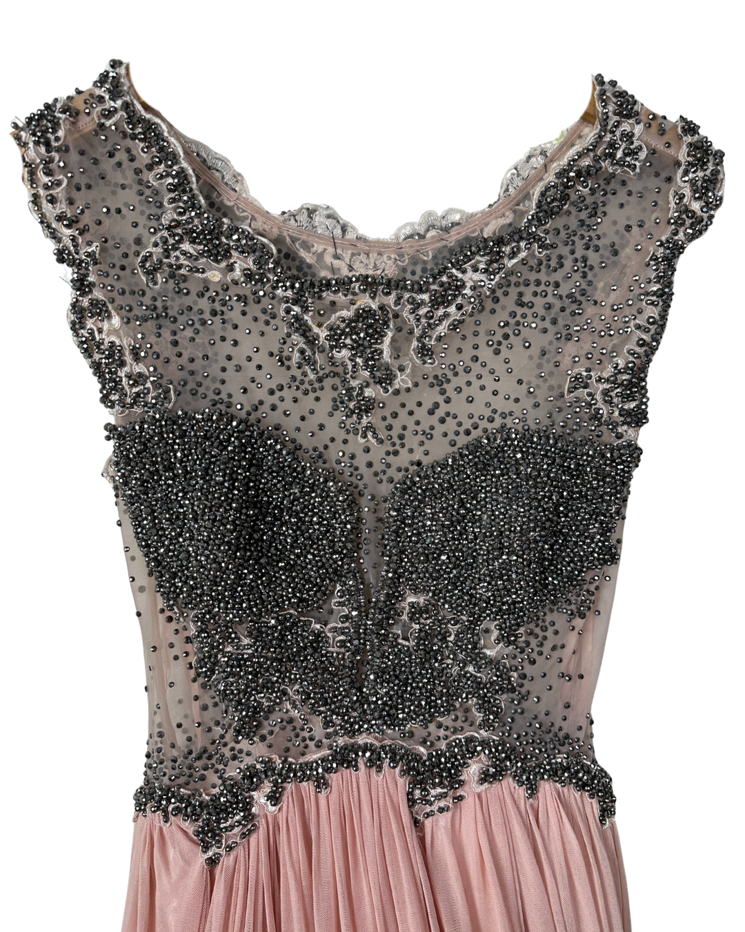 Pink Evening Gown with Sheer Beaded Bodice & Back