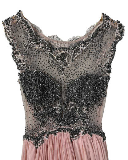 Pink Evening Gown with Sheer Beaded Bodice & Back