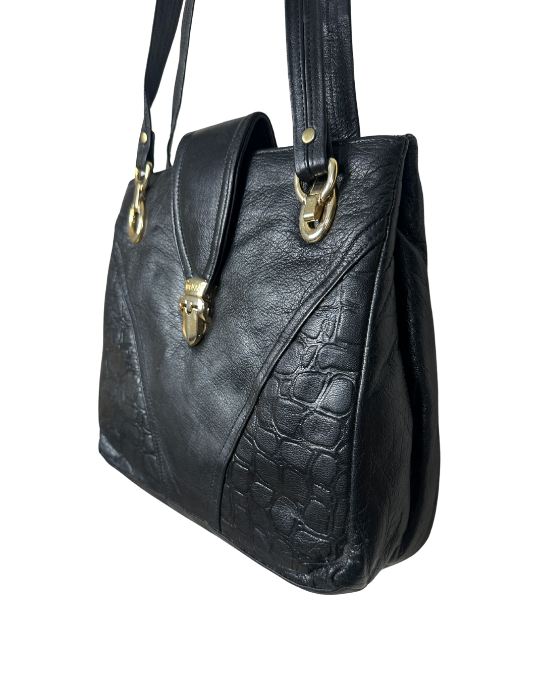 90s Genuine Leather Shoulder Bag with Gold Lock Detail