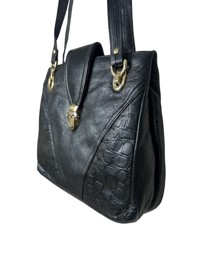 90s Genuine Leather Shoulder Bag with Gold Lock Detail